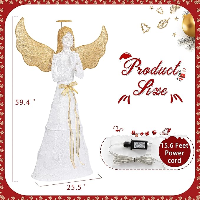 Shintenchi 5FT Lighted Christmas Angel, Outdoor Christmas Holiday Decoration, Pre-lit 3D Glittered Angel with 110 2 Color LED Lights and Ground Stakes, Zip Ties