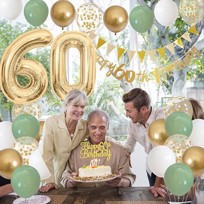 60th Birthday Decorations for Men Women, Sage Green White Gold Balloons With Happy 60th Banner, Cake Topper, Number 60 Foil Balloon for 60 Year Old Party Decoration