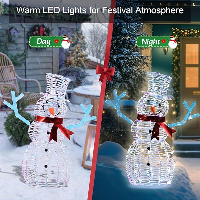 VCUTEKA Christmas Outdoor Decorations - 3FT Christmas Glittering Snowman with Red Scarf and LED Light for Xmas Home Yard Patio Lawn Garden Festive Holiday Décor