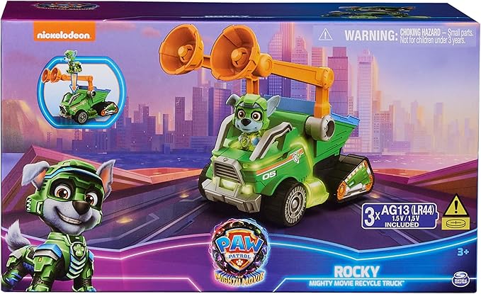 Paw Patrol: The Mighty Movie, Toy Garbage Truck Recycler with Rocky Mighty Pups Action Figure, Lights and Sounds, Kids Toys for Boys & Girls 3+