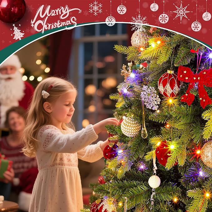 6.5FT Christmas Tree with Auto-Rotating Stand, Green Pre-Lit Artificial Xmas Trees with Remote & Music Function, PE&PVC 1036 Branch Tips, 340 LEDs, Warm & Multi-Color Light, 8 Lighting Modes