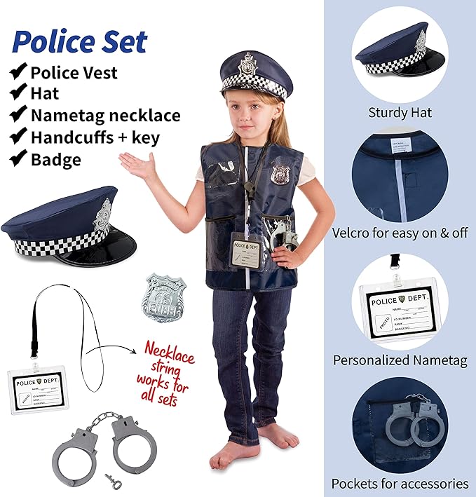 Born Toys Premium 16pcs Costume Dress up Set for Kids Ages 3-7 Fireman,Police Costume, and Doctor All Sets are Washable and Have Accessories