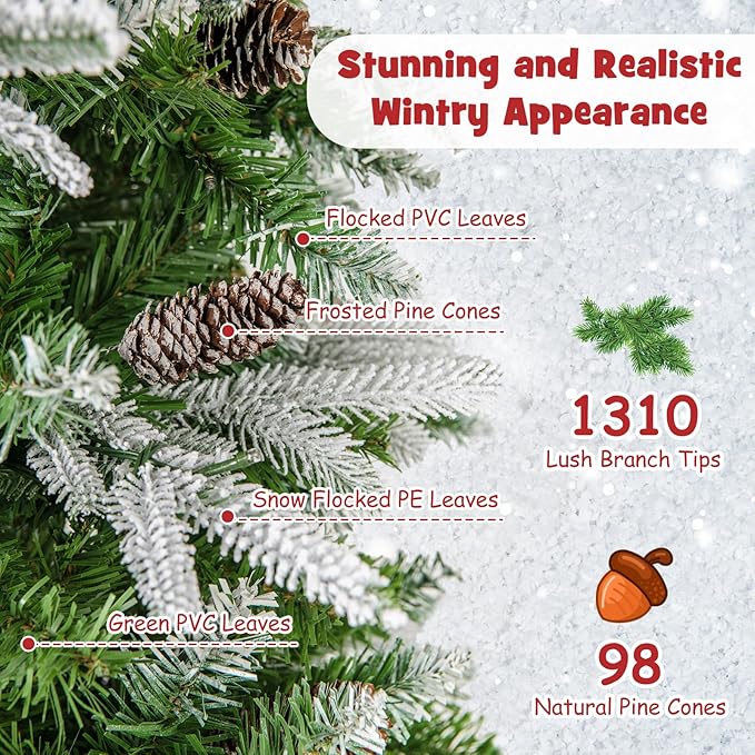 Goplus 9 FT Pre-Lit Pencil Christmas Tree, Artificial Snow Flocked Hinged Fake Slim Xmas Tree with 470 Warm-White LED Lights, 1310 Branch Tips, 98 Pine Cones, for Office Home Decoration