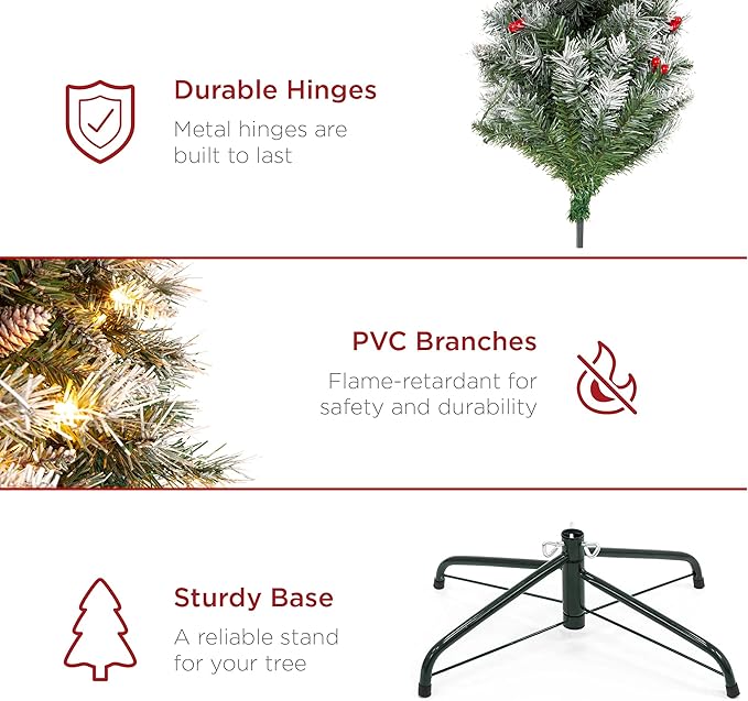 Best Choice Products 6ft Pre-Lit Pencil Christmas Tree, Partially Flocked Pre-Decorated for Home, Skinny Frosted Holiday Tree w/ 618 Tips, 250 Lights, Pine Cones, Metal Hinges & Base