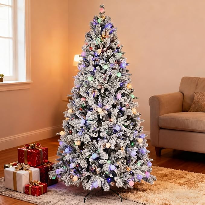 7.5 ft Prelit Flocked Christmas Tree with 400 Multi-Color Changing RGB LED Lights, Twinkle Artificial Christmas Tree with 1523 Tips