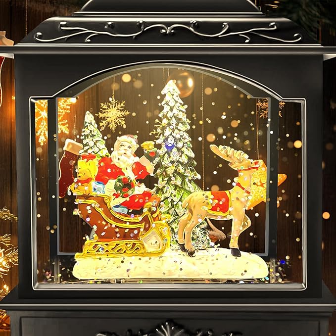 Musical Christmas Snow Globe Lantern with Santa Sleigh & Reindeer, Swirling Glitter Lighted Water Lantern, 6H Timer, USB or Battery Powered Holiday Decor