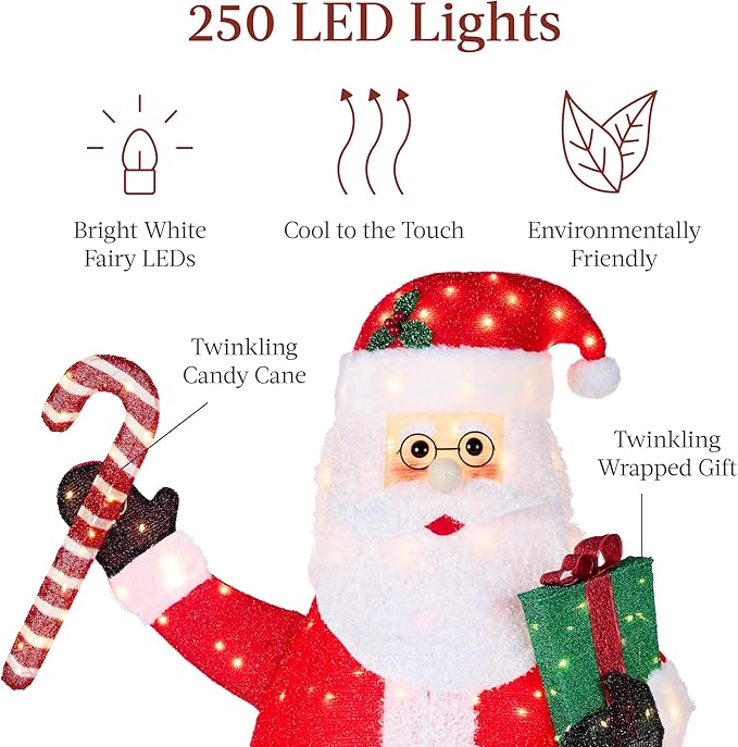 Best Choice Products 5ft Lighted Pop-Up Santa, Large Outdoor Christmas Holiday Decoration w/ 250 LED Lights, Twinkling Candy Cane, Gift Box, Hat