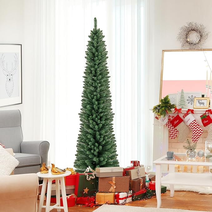 GOFLAME 7FT Pencil Christmas Tree, Slim Artificial Xmas Tree with 523 Memory Wire Branch Tips & Upgraded Metal Stand, Seasonal Holiday Decoration Tree for Home Office Party