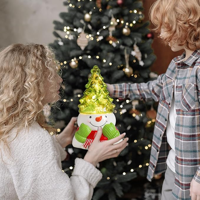 Small Ceramic Christmas Tree Hand-Painted Vintage Tabletop Christmas Tree Holiday Decoration with Multi-Color Lights Green Xmas Trees Snowmen 8.75inch