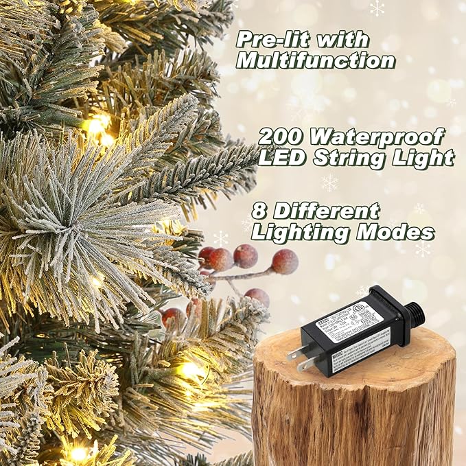 GarveeHome 4.5 ft Pre-Lit Flocked Artificial Christmas Tree with Pine Cones, Artificial Xmas Tree w/ 386 Branch Tips & 200 Lights, Snowman Base for Home, Party Decoration,2 PCS