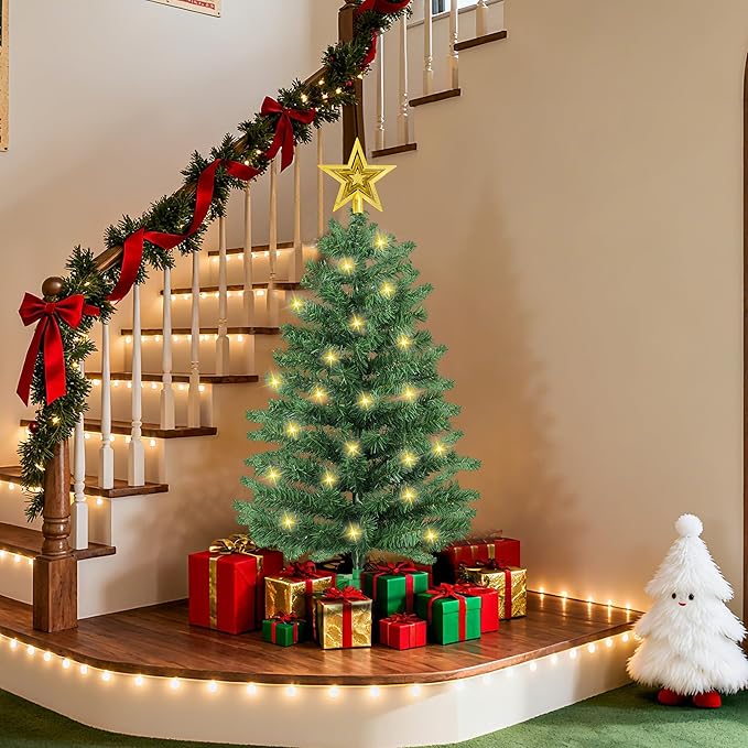 3 Ft Green Christmas Tree with Lights, Timer 8 Modes 50 Warm White Lights Battery Operated Small Artifical Full Christmas Tree for Tabletop Home Office Indoor Outdoor Xmas Holiday Party Decorations