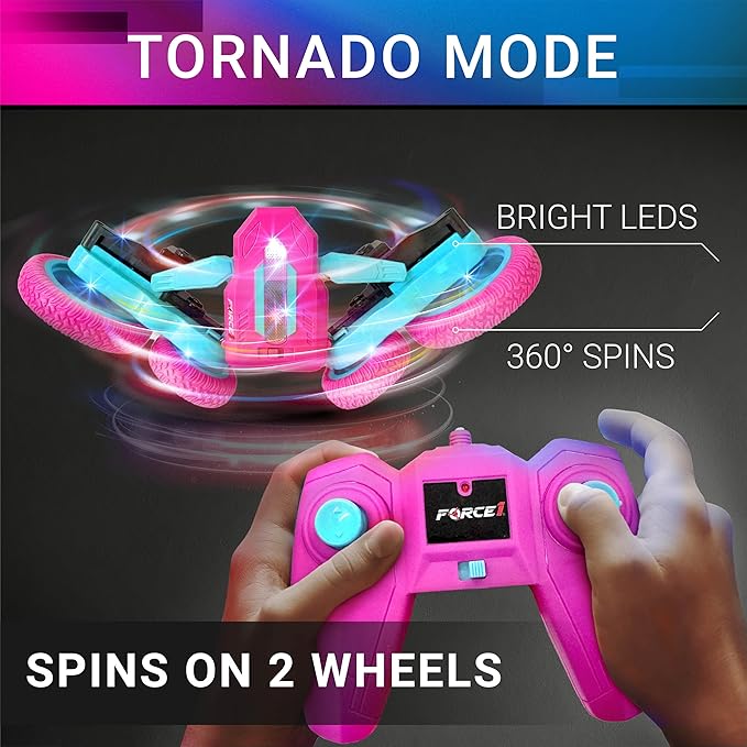 Force1 Tornado Pink LED Remote Control Car for Kids - Double Sided Driving Fast RC Cars 360 Flips, Outdoor 4WD Off Road Stunt RC Car, All Terrain Tires, RC Crawler Rechargeable Battery, 2.4GHz Remote