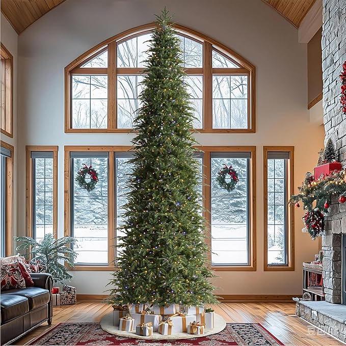 Glitzhome 15ft Prelit Christmas Tree, Hinged Slim Artificial Christmas Tree, Radiant Evergreen Fir with 1500 Warm White/Multi-Color LED Lights,9 Function,w/Remote Control,Easy Assembly