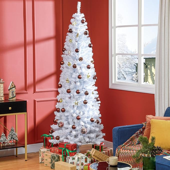 HOMCOM 7ft Pencil Christmas Tree, Unlit Artificial Christmas Tree Slim Douglas Fir Xmas Tree with Realistic Branches, Halloween Tree with 818 Tips, White