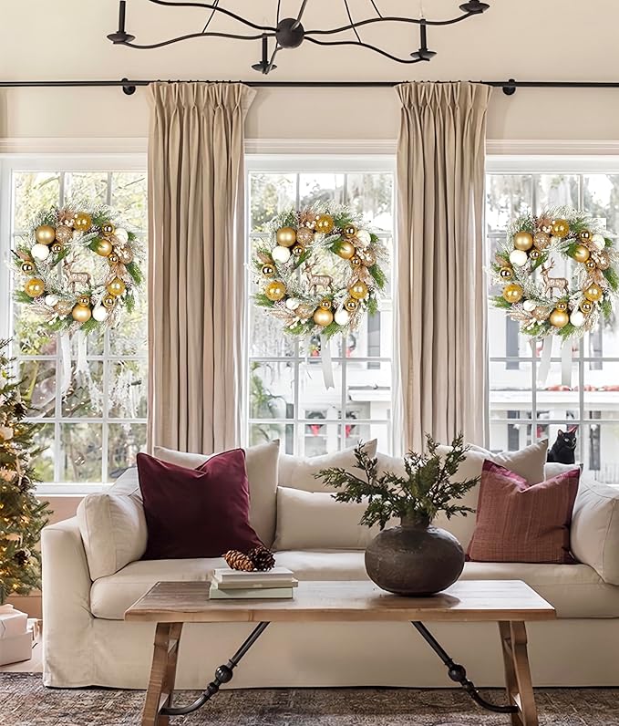 24 inch Pre-Lit Gold Christmas Wreath for Front Door Outdoor, Decorated with Ornaments, Deer Figurine, Flocked Artificial Green Pine Branches, White LED Lights