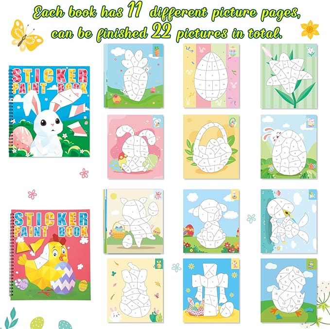 90shine 2PCS Easter Crafts for Kids Ages 4-8 Sticker Books Basket Stuffer Gift Create 22 Pictures