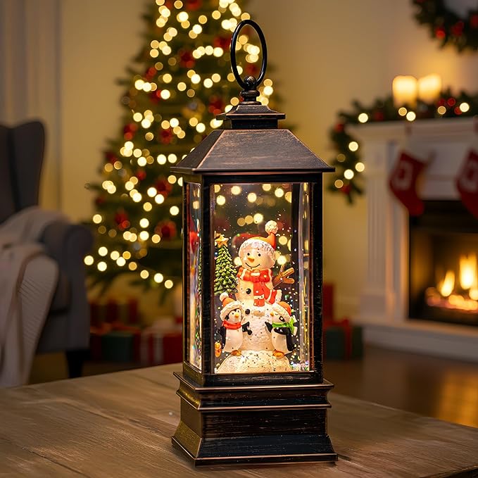 10'' Musical Snow Globe Lantern Lighted Snowman with Penguin Water Lantern Swirling Glittering Home Decoration and Gift, Battery Operated or USB Powered