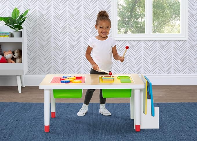 Delta Children Play and Learn Sensory Table for Kids Includes Shape Sorting, Building Block Baseplate, Gears and Musical Instruments - Use as Sand/Activity Table, White/Primary