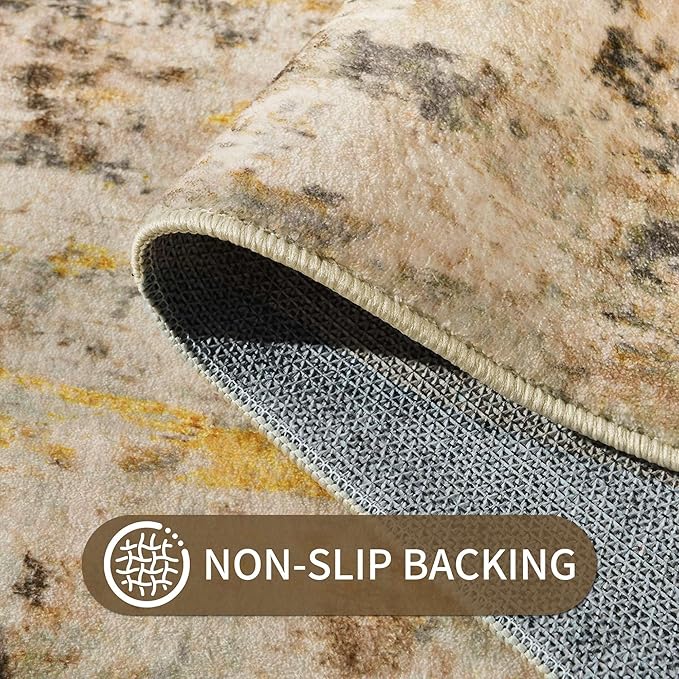 Ompaa Living Room Rug 8x10 Beige Area Rugs Machine Washable Abstract Boho Large Carpet Non-Slip Non-Shedding Faux Wool Indoor Vintage Rug for Bedroom, Classroom, Dining Room, Kids Playroom