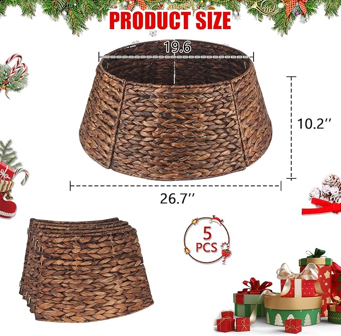 Christmas Tree Collar 27'' D Handmade Hyacinth Tree Collar Basket Rattan Wicker Christmas Woven Tree Ring Stand Base Cover for Christmas Holiday Decoration-Brown Washed