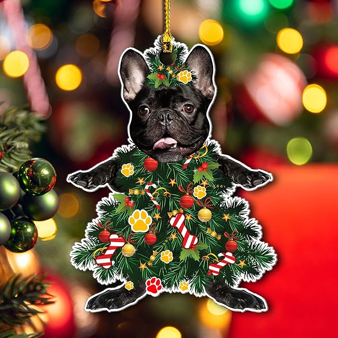 2024 Black French Bulldog Christmas Tree Ornament - Festive Holiday Hanging Decoration with Adorable Frenchie Dog - Black French Bulldog Christmas Tree Topper Ornaments