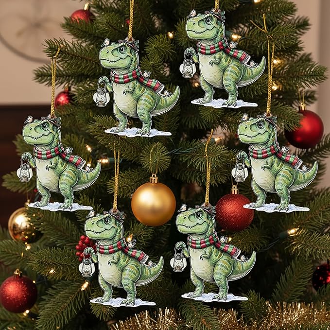 6Pcs Christmas Tyrannosaurus Rex Ornament for Christmas Decoration, Holiday Decor, Acrylic Dinosaur Ornament, Fun Unique Gifts for Family Friends