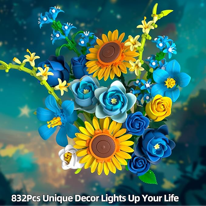 Blue Rose Sunflowers Bouquet Building Set - Compatible with Lego Flowers for Adults Women, Van Gogh's Starry Night and Sunflowers Style, Collection Christmas Mother's Day Valentine's Gifts Home Decor