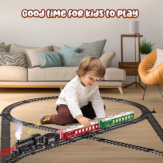 Hot Bee Train Set, Remote Control Train Toys with Luxury Track & Glowing Passenger Carriages, Metal Christmas Tree Train with Smoke, Light and Sound, Toy Train Set for 3 4 5 6 7+ Years Old Boys Gifts