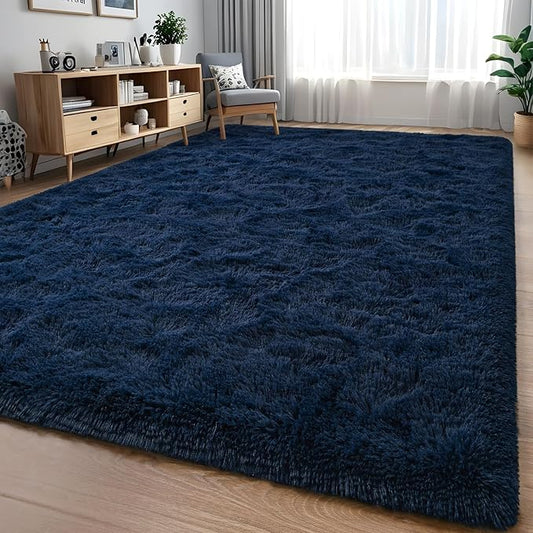 Nuttumico Fluffy Navy Blue Rug Carpet for Bedroom Living Room, 4x6 ft Area Rugs for Boys Kids Girls Bedroom Decor, Soft Shaggy Plush Floor Rug for Kids Nursery, Non-Slip