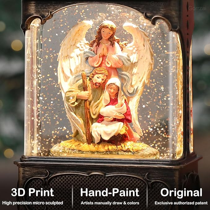 Nativity Snow Globe Angel Christmas Snow Globe Lantern, Lighted Musical Christmas Decorations Indoor for Home with Music 6H Timer Swirling Glitter, Jesus, USB or Battery Operated