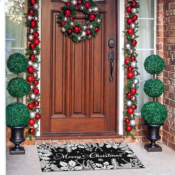 Black Christmas Doormat Outdoor Entrance Non-Slip Holly Pine Branches Pinecones Front Door Mat Merry Xmas Decor Washable Winter Welcome Doormat 17"x30" Christmas Decorations for Home Indoor Outdoor