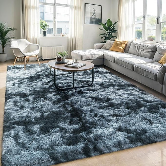 6x9 Fluffy Soft Living Room Bedroom Rug, Large Area Rugs Shaggy Carpet for Living Room ClassroomKids Boys Room Toddler Nursery Dorm Home Decor, Modern Indoor Non Slip Rug Tie-Dyed Blue Grey