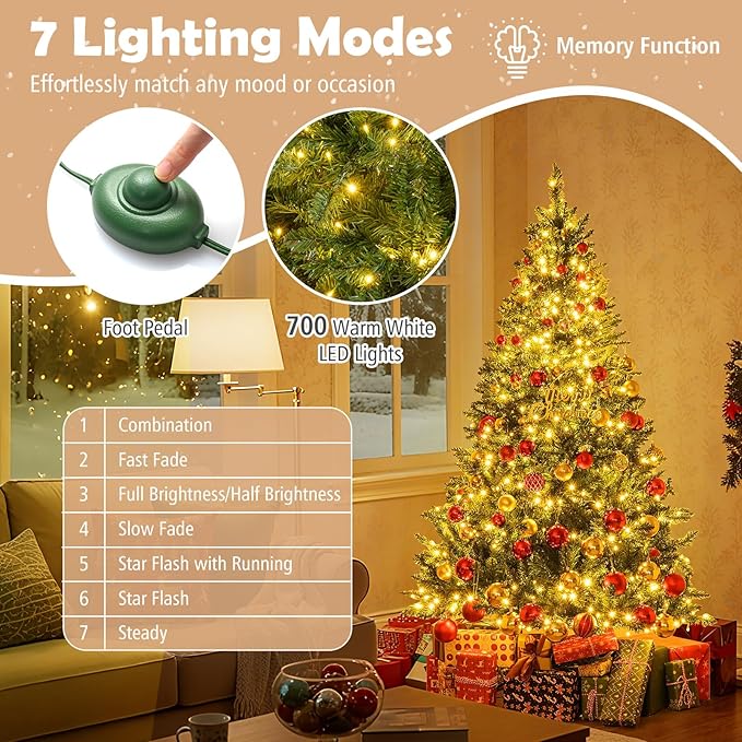 Goplus 6 FT Pre-Lit Artificial Christmas Tree, Hinged Xmas Tree with 814 Branch Tips, 700 Warm White LED Lights, 7 Lighting Modes & Folding Metal Stand, Seasonal Decoration Tree for Home Party Holiday