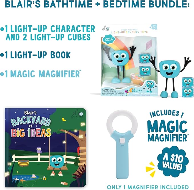 Glo Pals Blair Bath & Bedtime Bundle - Light Up Bath Toy with 1 Interactive Book, 2 Light Cubes & 1 Magic Magnifier - Toddler Bath Toys Set with Storybook Character - Educational Kids Bath Time Fun