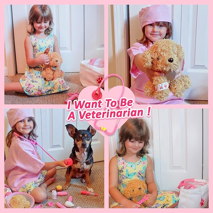 Liberry Doctor Kit for Toddlers Age 3 4 5 6, 26 Pcs Kids Doctor Playset with Dog Toy, Stethoscope and Dress Up Costume, Pretend Play Medical Gift for Girls, Pink