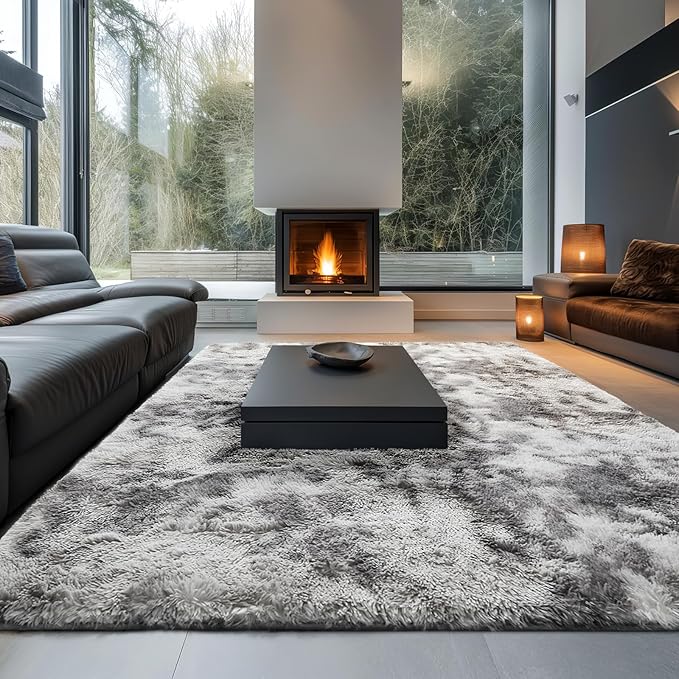 Ophanie Area Rugs 9x12 Living Room, Large Tie-Dyed Grey&White Bedroom Carpet, Big Shag Indoor Thick Soft Nursery Rug, Fluffy Carpets for Boy and Girls Room Dorm Home Decor Aesthetic