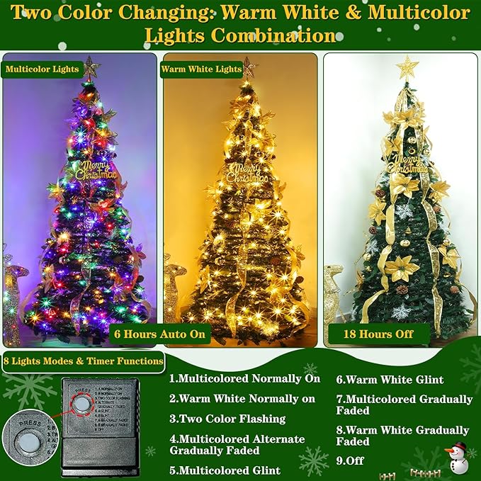 6.5Ft Prelit Fully Decorated Pop Up Christmas Tree with Lights Timer, Dual Color Change 1 Minute Christmas Tree, 220 Warm White&Colored Lights 8 Mode, 74 Ornaments Pull Up Collapsible Xmas Tree Decor