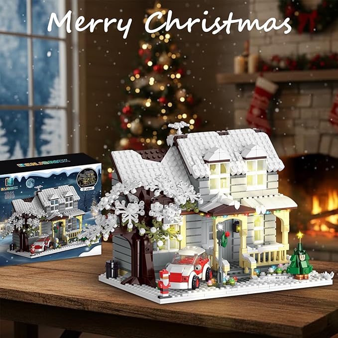 Christmas House Building Set with Lights, Elf Movie Snow House Building Blocks Toy, Compatible with Lego Christmas Village House Kit, for Boys Girls 1378pcs