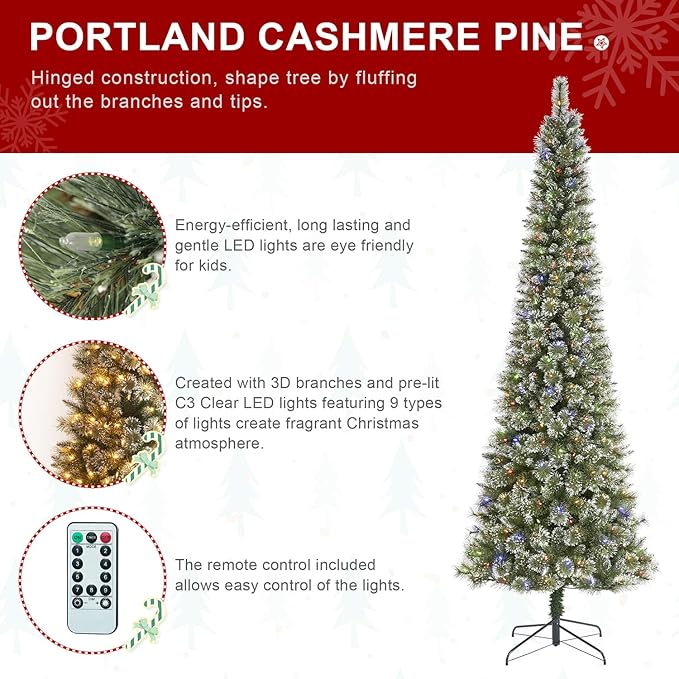 Glitzhome 9ft Prelit Christmas Tree, Artificial Christmas Trees, Portland Cashmere Pine Pencil Tree with 350 Warm White/Multi-Color C3 Clear LED Lights, 9 Function w/Remote Control, Easy Assembly