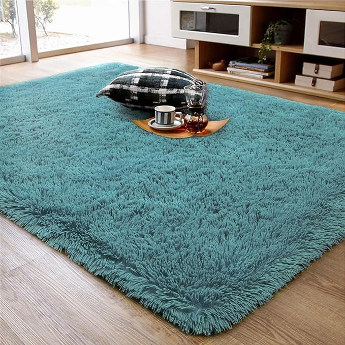 Ompaa Ultra Soft Fluffy Bedroom Rugs Memory Foam Carpet, 5x8 Feet Dark Cyan Area Rugs, Shaggy Living Room Rug Fuzzy Accent Carpets for Kids Girls Rooms, Modern Apartment Dorm Indoor Home Decor