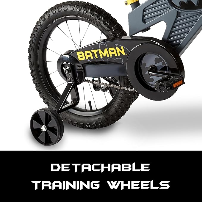 Batman 16 Inch Bike for Kids | Detachable Training Wheels for Safety and Balance | Pedal Powered Bicycle for Young Superheros Ages 4-8 | Perfect Boys & Girls Gift | Adjustable Seat