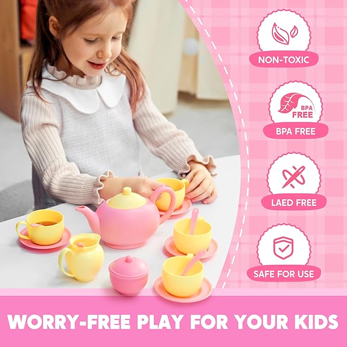 JOYIN 18PCS Pretend Tea Party Set, Pink Plastic Tea Set, Mini Kitchen for Kids, Gifts for Toddler Boys Girls, Gift for Christmas