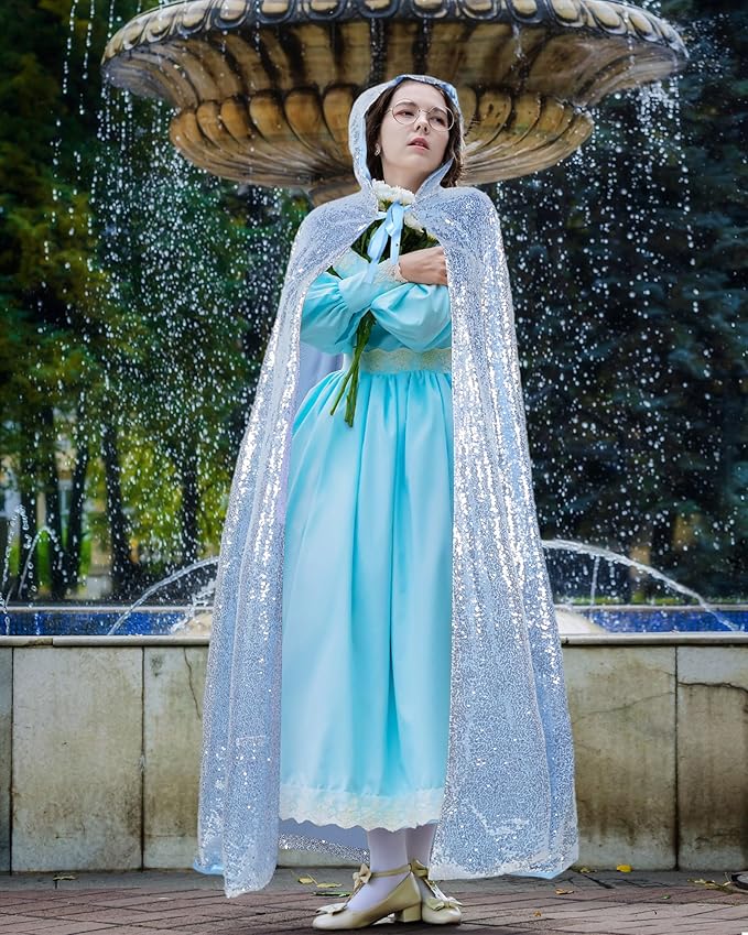 Suhine Halloween Sequins Women Princess Hooded Cape Costume Shiny Fairy Mermaid Cloaks for Cosplay Party God Christmas