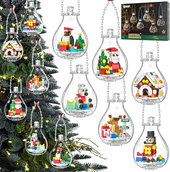2025 Light-Up Christmas Ornament Building Kit — 647 PCS Holiday Building Blocks Set for Kids and Adults, Featuring Gingerbread House, Santa, Reindeer, Polar Bear, Nutcracker Soldier & Penguin