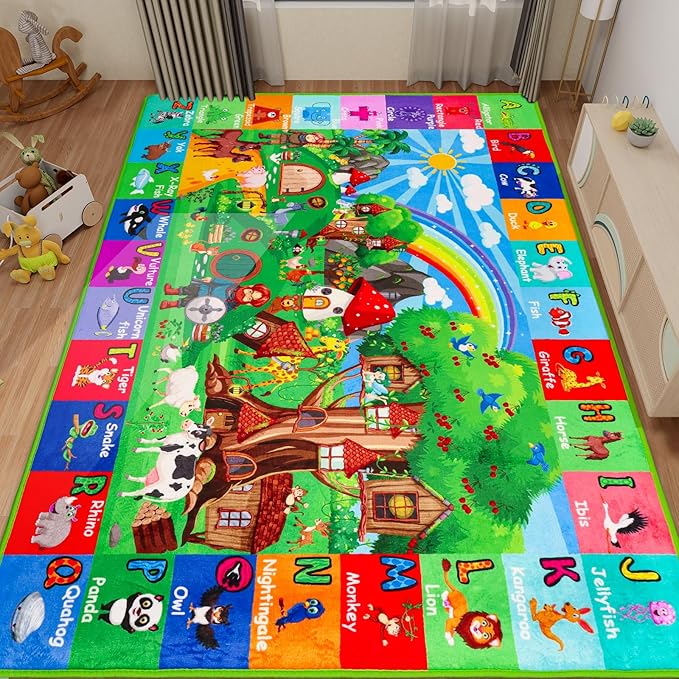 ABC Kids Rug for Playroom 110" ×78.7" Hobbit House Educational Kids Playmat Alphabet Animal & Shape Learning, Premium Non-Slip Playmat for Toddlers Letters Farm Animals Color Foam Classroom Carpet