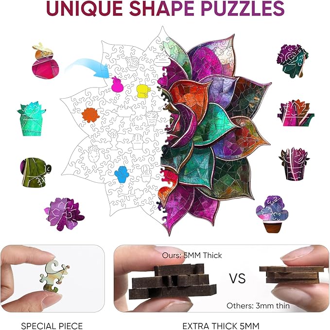 Colorful Succulent Puzzles for Adults 500 Pieces,Wooden Puzzles, 5MM Thick Unique Shaped Flower Jigsaw Puzzles Birthday Gifts for Kids Family Game 16.8 * 16.9inch