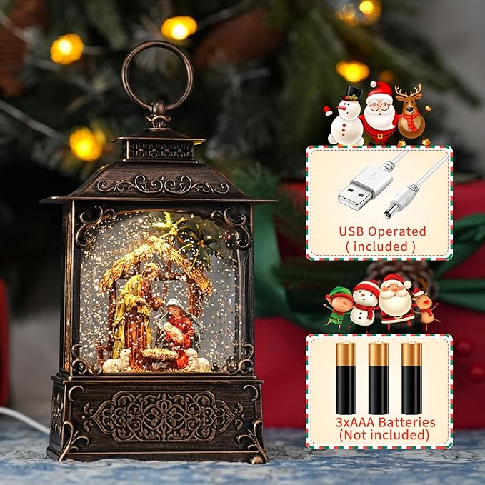 Nativity Scene Snow Globe, Light Up Christmas Snow Globes with Music Timer - USB Plug or Battery Operated Glitter Globe Indoor Christmas Decorations