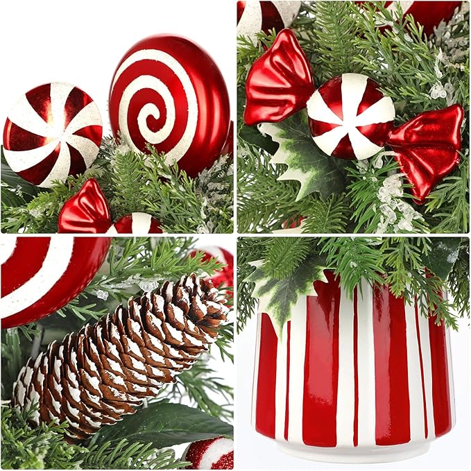 Christmas Table Centerpieces Decorations 12.9" Artificial Small Christmas Tree Potted Plant with Red and White Lollipop Candy Canes Pine Cones for Indoor Home Xmas Party Arrangement Centerpieces Decor