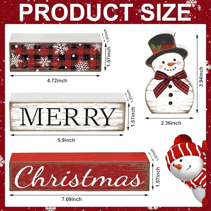 4 Pcs Christmas Table Decoration Snowman Wooden Block Merry Christmas Wood Centerpiece Xmas Red Buffalo Plaid Tabletop Sign Xmas Rustic Farmhouse Tiered Tray Decor for Winter Party Home Shelf Decor