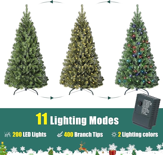 Annecy 4.5ft Pre-Lit Christmas Tree, Green Artificial Full Spruce Christmas Tree w/ 400 Branch Tips, 200 Warm White & Multi-Color Lights for Home, Office, Decoration, Metal Hinges & Base, Green 4.5 ft